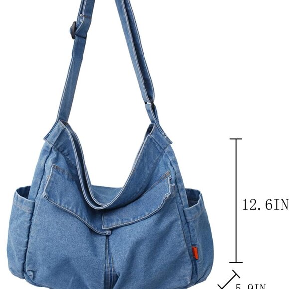 Denim Shoulder Bag Canvas Messenger Bag for Women Men Tote Bag Casual Retro Aest - Picture 5 of 8